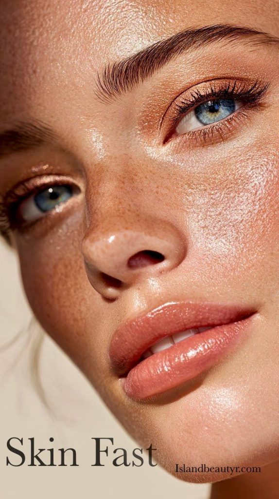 Close-up of radiant facial skin illustrating the effects of a 7-day science-based skin fasting method for barrier repair, microbiome balance, and natural glow.