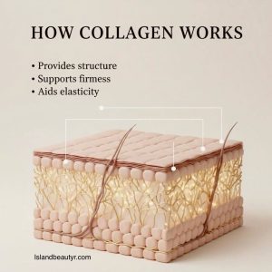 Infographic illustrating skin collagen distribution across different skin layers and its role in firmness