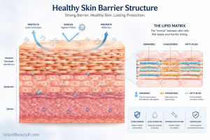 Healthy skin barrier structure showing ceramides, cholesterol, and fatty acids