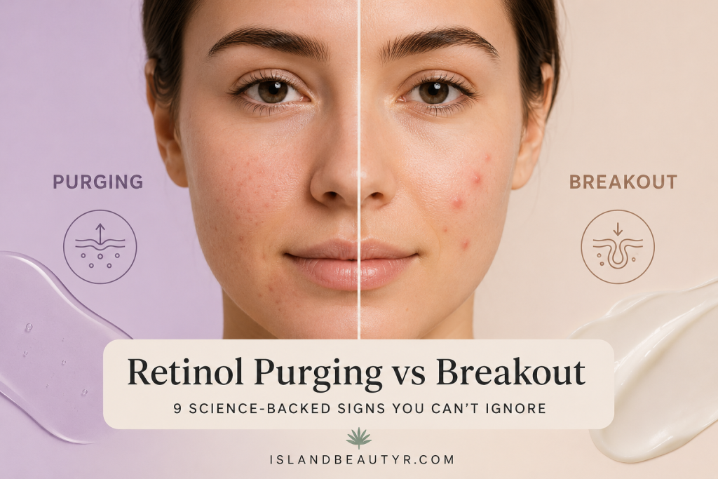 Retinol purging vs breakout comparison showing facial skin changes and acne symptoms with 9 science-backed signs to identify the difference.