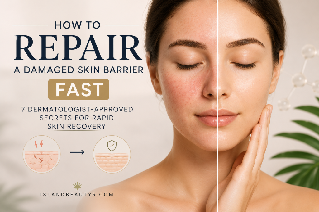 How to repair a damaged skin barrier fast with dermatologist-approved skincare tips showing skin barrier recovery, reduced redness, and healthy glowing skin.