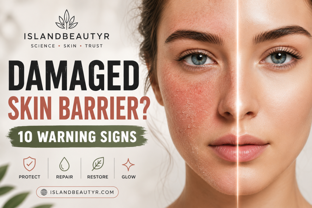 Damaged skin barrier symptoms and warning signs shown through a comparison of irritated and healthy skin on a woman's face