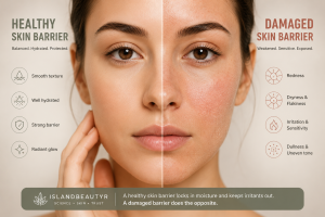 Damaged skin barrier compared with healthy skin, showing redness, dryness, and irritation