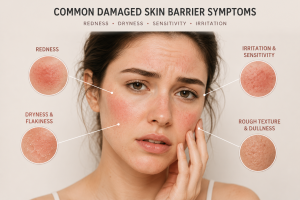 Common damaged skin barrier symptoms include redness, dryness, sensitivity, and irritation