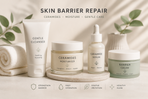 Skincare products containing ceramides and moisturizing ingredients for skin barrier repair