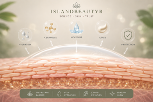 Healthy skin barrier infographic showing ceramides, lipids, hydration, moisture retention, and protective skin barrier function