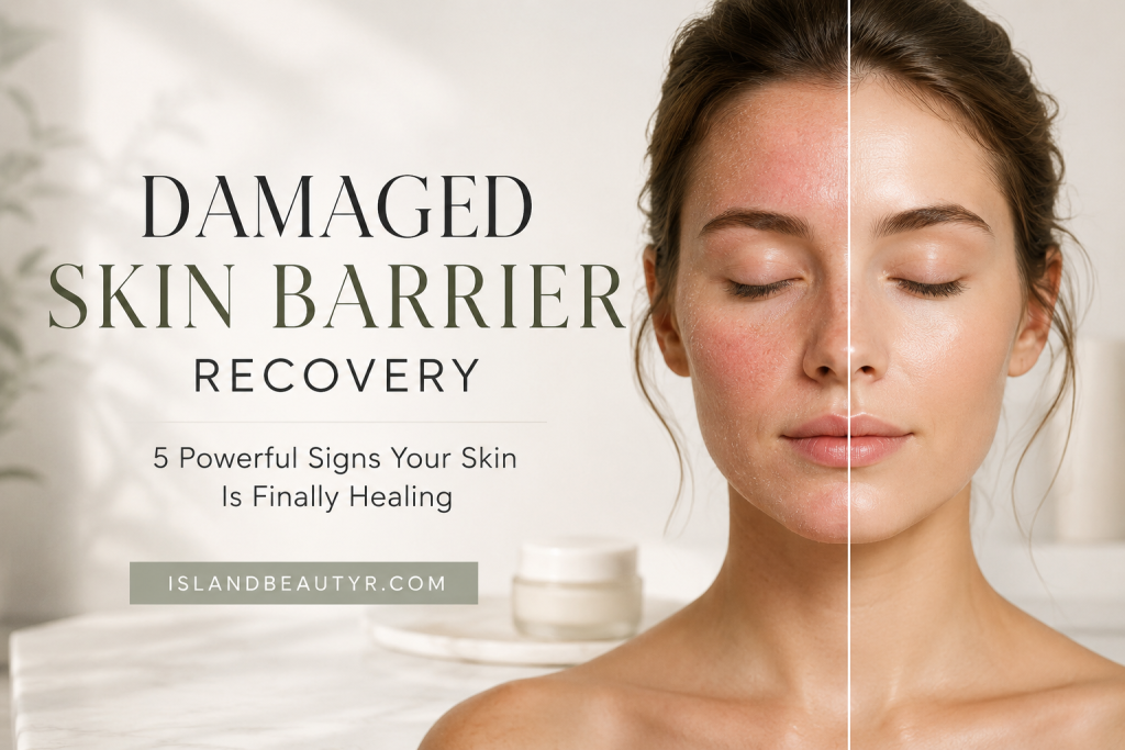 Damaged skin barrier recovery before and after showing healing signs of healthy skin