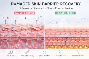 Damaged skin barrier recovery showing comparison between unhealthy irritated skin and fully healed hydrated skin barrier structure.