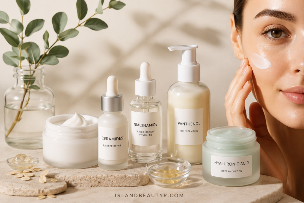Best Ingredients for Skin Barrier Repair, including ceramides, niacinamide, hyaluronic acid, and panthenol