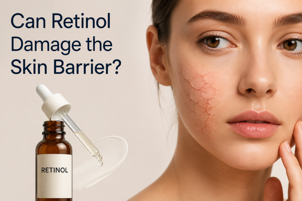 Can Retinol Damage the Skin Barrier? Woman with irritated skin and retinol serum illustrating the effects of retinol on skin barrier health