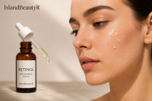 Retinol serum dropper close-up showing skincare applied to healthy skin