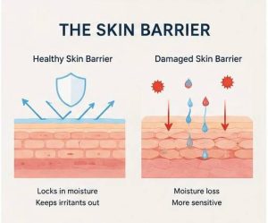 Healthy vs damaged skin barrier diagram showing moisture loss and irritation