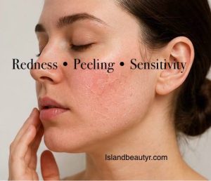 Signs of skin barrier damage caused by retinol, including redness and peeling