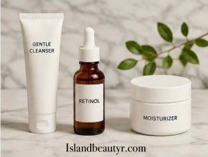 Retinol skincare routine with gentle cleanser and moisturizer for healthy skin barrier
