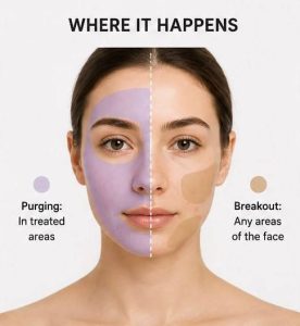 Retinol purging vs breakout comparison showing acne flare-up during retinol use