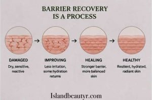 Skin barrier healing stages from damaged skin to healthy skin with gradual improvement in hydration and resilience.