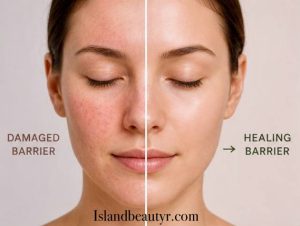 Damaged skin barrier vs healing skin barrier comparison showing reduced redness, improved hydration, and healthier skin appearance.