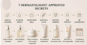 Daily skincare routine for repairing a damaged skin barrier with cleansing, moisturizing, and sun protection.