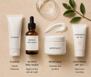 Beginner retinol skincare routine with cleanser, retinol serum, moisturizer, and sunscreen to prevent irritation and build tolerance.