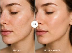 Retinol before-and-after results showing improved skin texture, fewer acne breakouts, reduced fine lines, and brighter skin.
