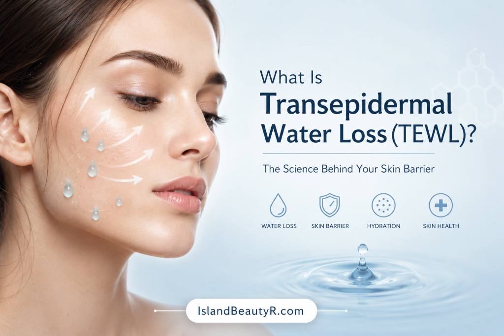 What Is Transepidermal Water Loss (TEWL)? Scientific illustration showing skin barrier function and water evaporation from healthy skin.