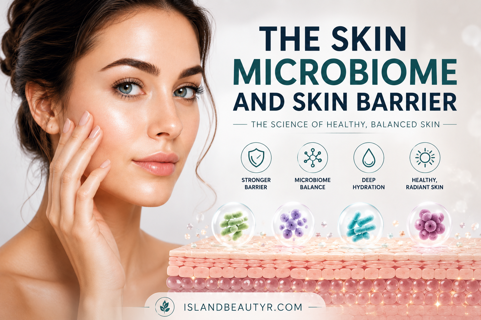 Illustration showing the Skin Microbiome and Skin Barrier with healthy skin layers, beneficial bacteria, and the skin's natural protective barrier.