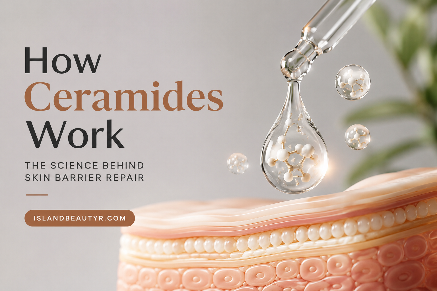 How Ceramides Work: scientific illustration of ceramides repairing the skin barrier to improve hydration and reduce transepidermal water loss