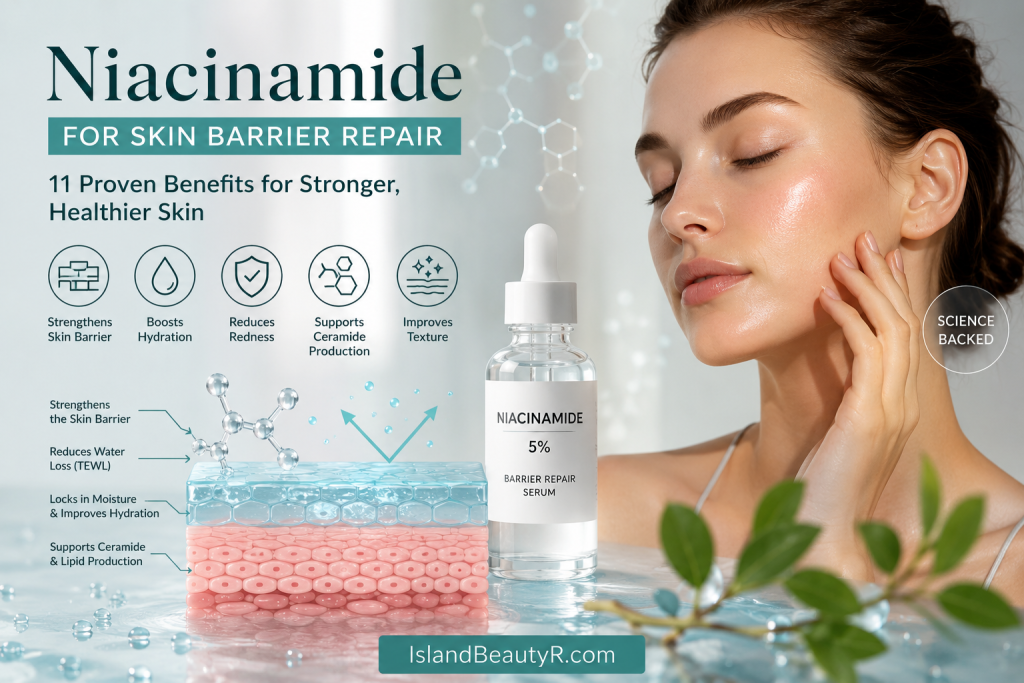 Niacinamide for Skin Barrier Repair serum helps strengthen the skin barrier, improve hydration, increase ceramide production, and reduce transepidermal water loss (TEWL)