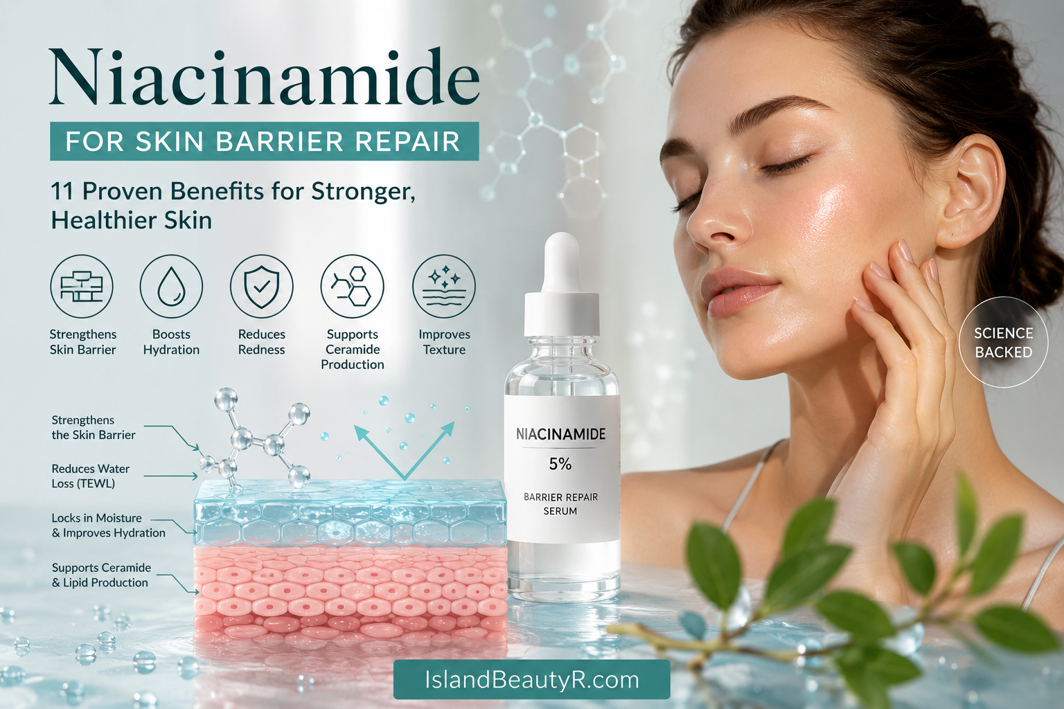 Niacinamide for Skin Barrier Repair serum helps strengthen the skin barrier, improve hydration, increase ceramide production, and reduce transepidermal water loss (TEWL)