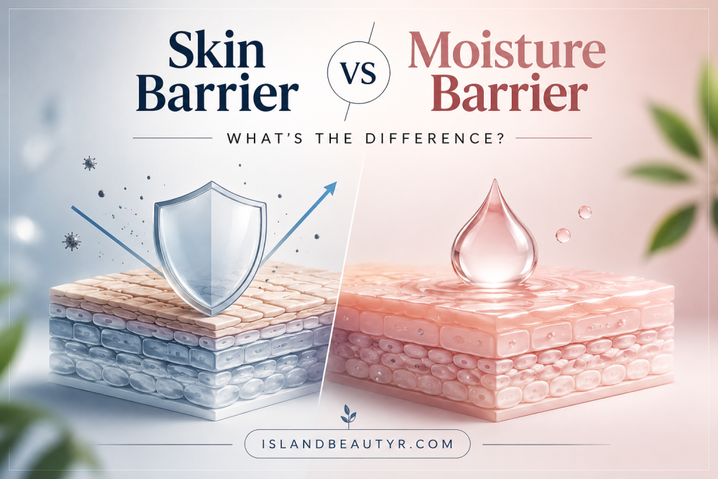 Skin Barrier vs Moisture Barrier infographic showing the key differences between skin protection and skin hydration with a scientific skin cross-section illustration.