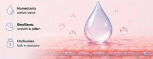 Moisture barrier illustration explaining how humectants, emollients, and occlusives help retain skin hydration.