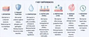 Skin Barrier vs Moisture Barrier infographic showing the 7 key scientific differences between skin protection and moisture retention.