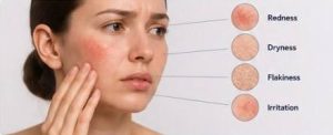 Close-up of a woman's face showing common signs of a damaged skin barrier, including redness, dryness, flaking, and irritation.