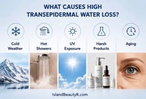 Common causes of Transepidermal Water Loss (TEWL) include cold weather, hot showers, UV exposure, harsh skincare products, and aging.