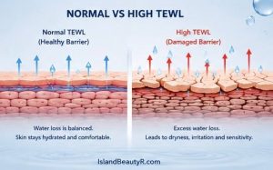 Comparison of normal and high Transepidermal Water Loss (TEWL) showing a healthy skin barrier versus a damaged skin barrier.
