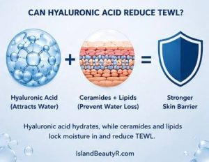 Hyaluronic acid combined with ceramides helps reduce Transepidermal Water Loss (TEWL) by improving skin barrier function.