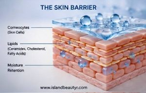Skin barrier structure showing corneocytes, ceramides, and lipid matrix for healthy skin