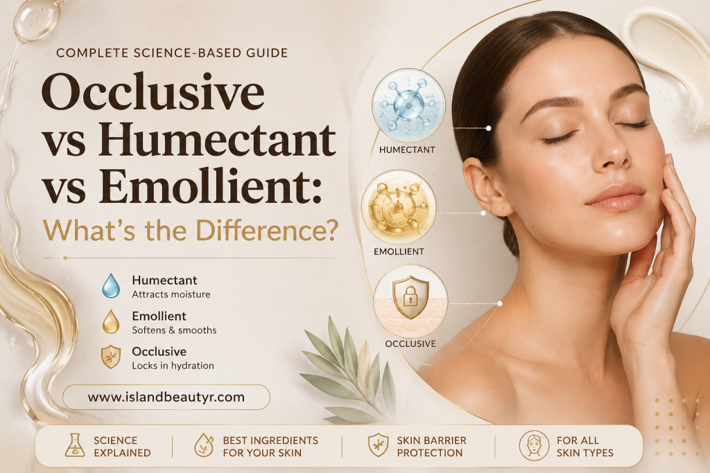Occlusive vs Humectant vs Emollient comparison showing the key differences between moisturizing ingredients for skin hydration and skin barrier repair