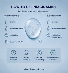 Morning and evening skincare routine using Niacinamide for Skin Barrier Repair with cleanser, moisturizer, and sunscreen