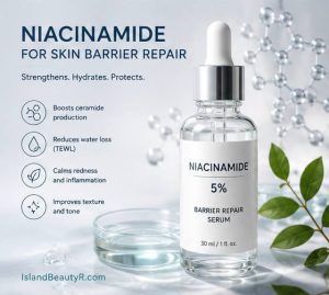 Niacinamide for Skin Barrier Repair serum helping strengthen the skin barrier, improve hydration, increase ceramide production, and reduce transepidermal water loss