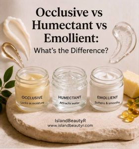 Occlusive vs Humectant vs Emollient comparison infographic explaining how different moisturizer ingredients hydrate and protect the skin barrier