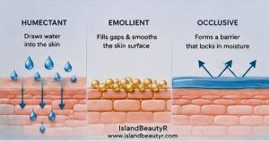 Skin barrier diagram showing how humectants, emollients, and occlusives work together to reduce transepidermal water loss