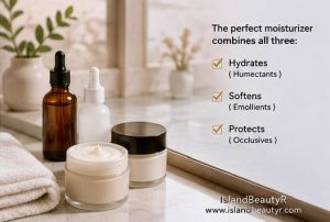 Modern skincare products combine humectants, emollients, and occlusives for complete skin barrier repair