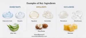 Examples of humectant, emollient, and occlusive skincare ingredients include hyaluronic acid, ceramides, glycerin, petrolatum, and squalane