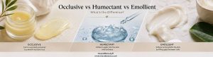 Occlusive vs Humectant vs Emollient comparison infographic explaining how different moisturizer ingredients hydrate and protect the skin barrier