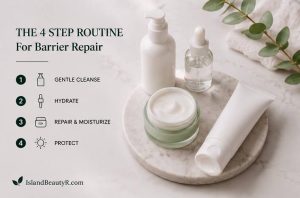 4-step skin barrier repair routine with gentle cleanser, hydrating serum, moisturizer, and sunscreen