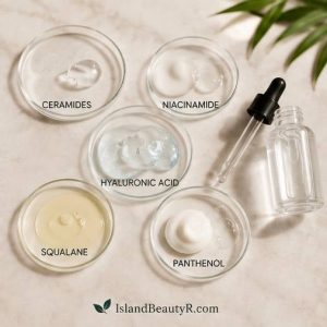 Best skin barrier repair ingredients, including ceramides, niacinamide, panthenol, and hyaluronic acid