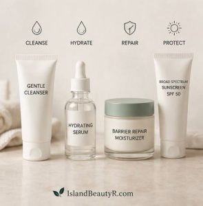 Morning skin barrier repair routine with gentle cleanser, hydrating serum, moisturizer, and sunscreen