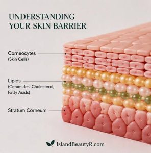 Skin barrier structure showing corneocytes, ceramides, cholesterol, and fatty acids for skin barrier repair