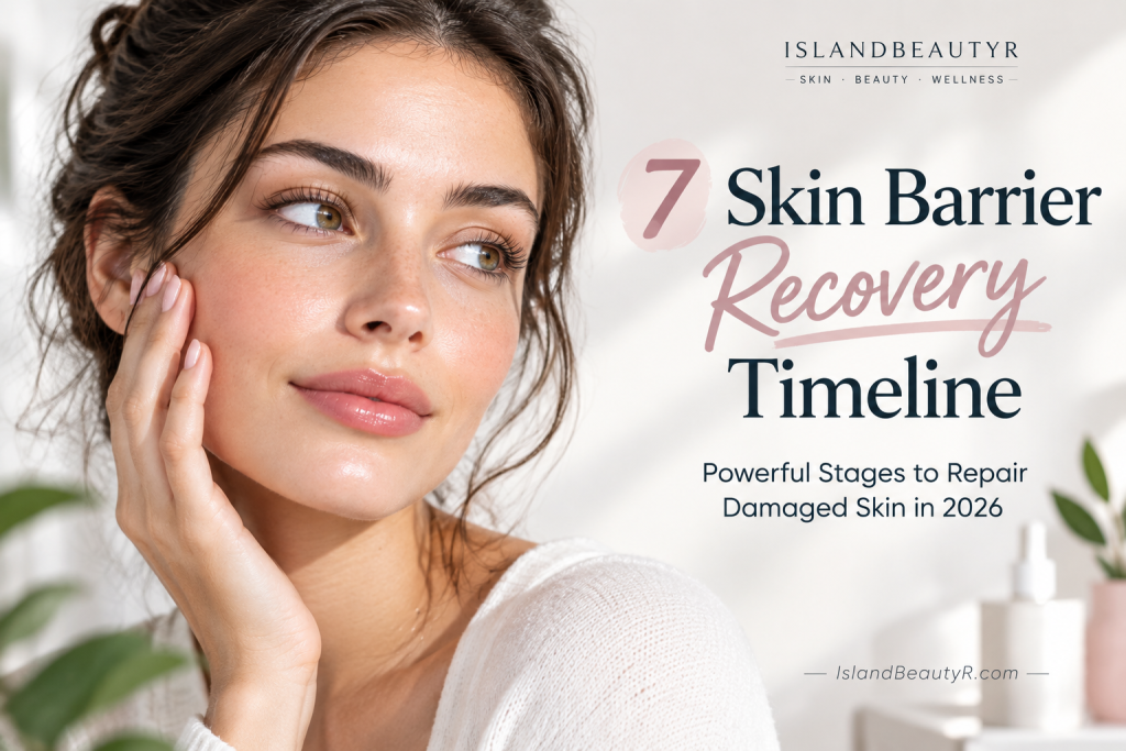 Skin barrier recovery timeline showing a woman with healthy skin and a simple skincare routine
